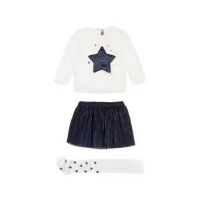 Conjunto 3 piezas de camiseta, falda plisada y leotardo bebé niña Losan