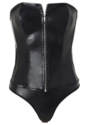 Corsé + tanga de piel sintética (2 piezas) Negro