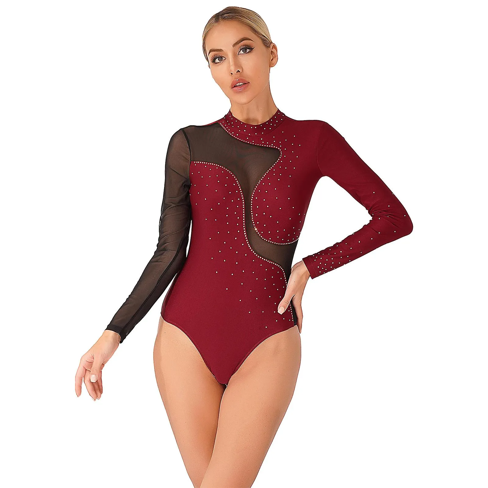 Otwoo Mujeres Patinaje Artístico Danza Mono Brillante Rhinestone Gimnasia Traje de baño Leotardo Traje Sheer Dance Performance B