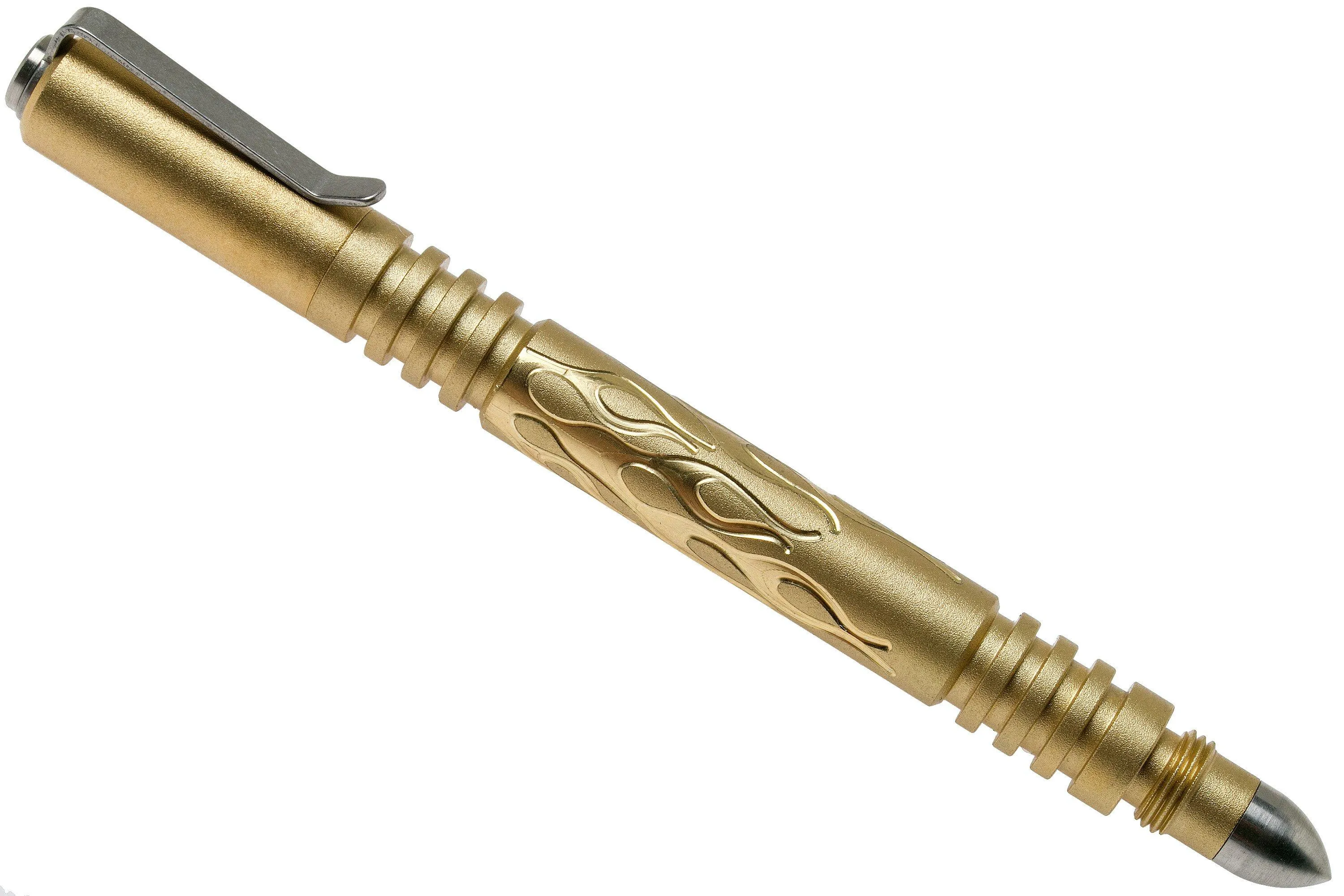 Rick Hinderer Investigator Pen Flames Brass/Messing, beadblasted, bolígrafo táctico