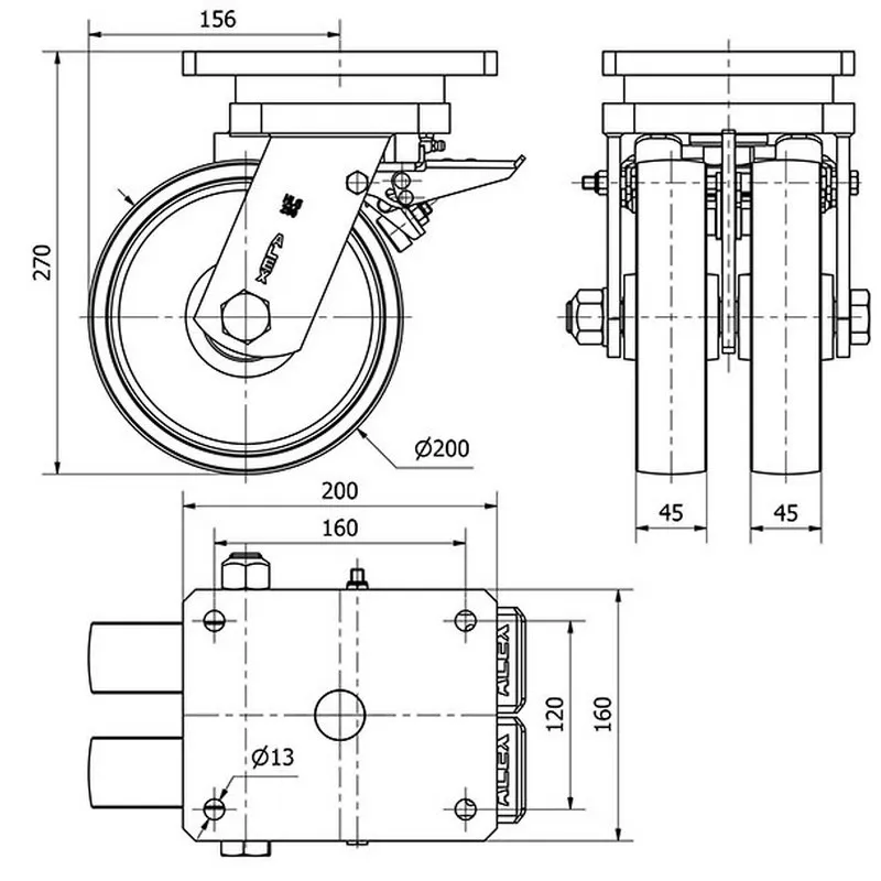Rueda ALEX 2-3820 Giratoria 10HLGFD200-CI acero freno